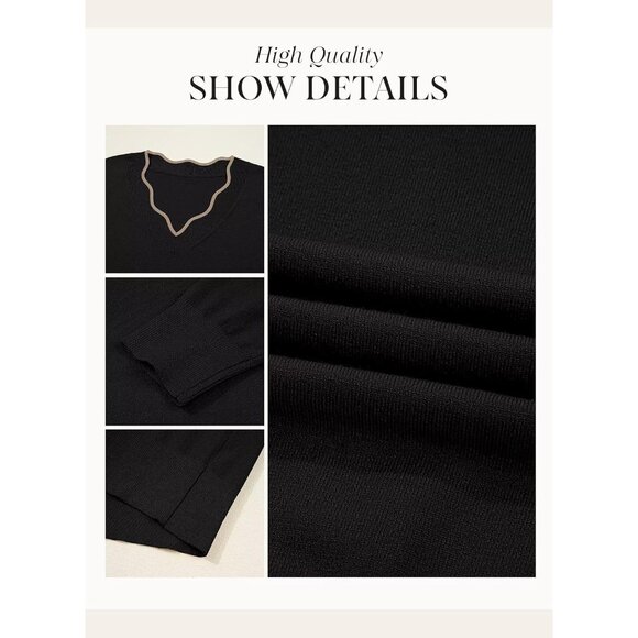 Women's V Neck Long Sleeve Knit Sweater Lightweight Casual Solid Top - Picture 5 of 5